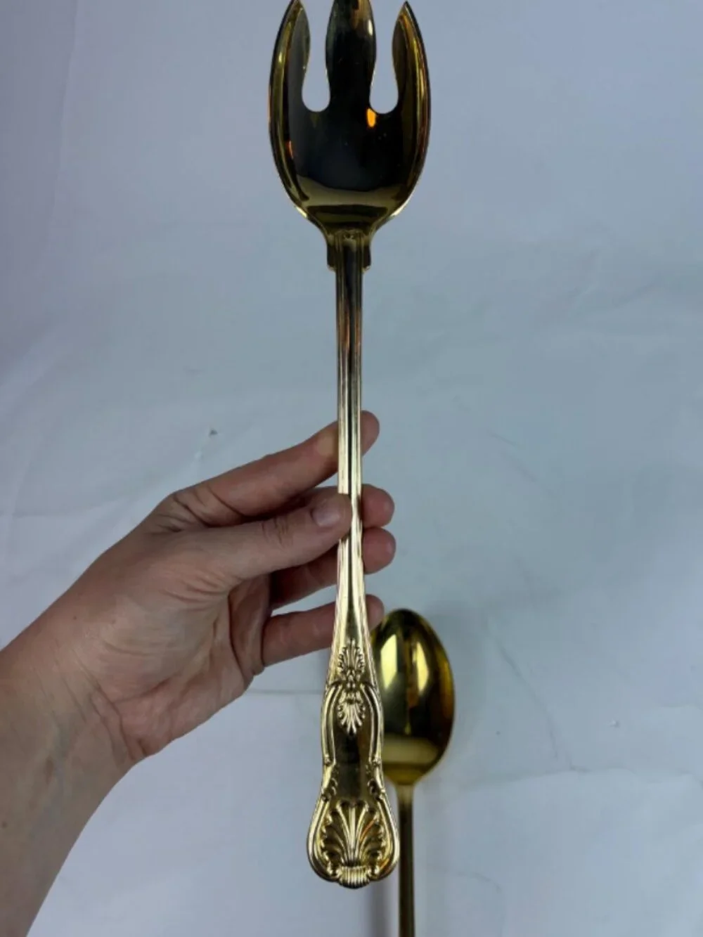 Vintage Gold Tone Salad Serving Set F.B. Rogers Italy Spoon Fork Holly Christmas